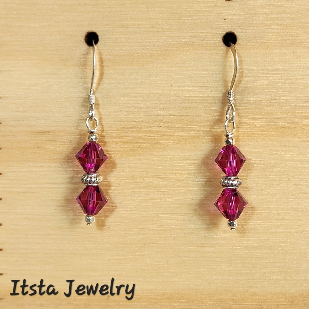 Genuine Swarovski Fuchsia Crystal Bicone Earrings Sterling Silver French Earwire
